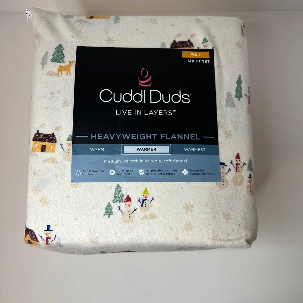 Cuddl Duds Brushed Cotton Full Sheet‎ Set Scenic Snowmen NIP Heavyweight Flannel